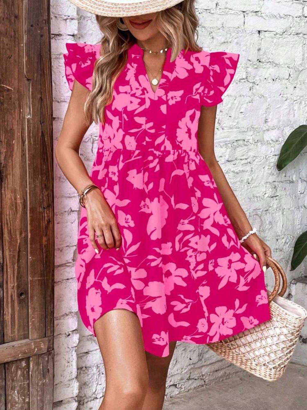 SHEIN Pink Floral Flutter Sleeve Mini Dress